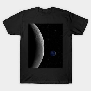 Moon and the small planet Earth by night T-Shirt